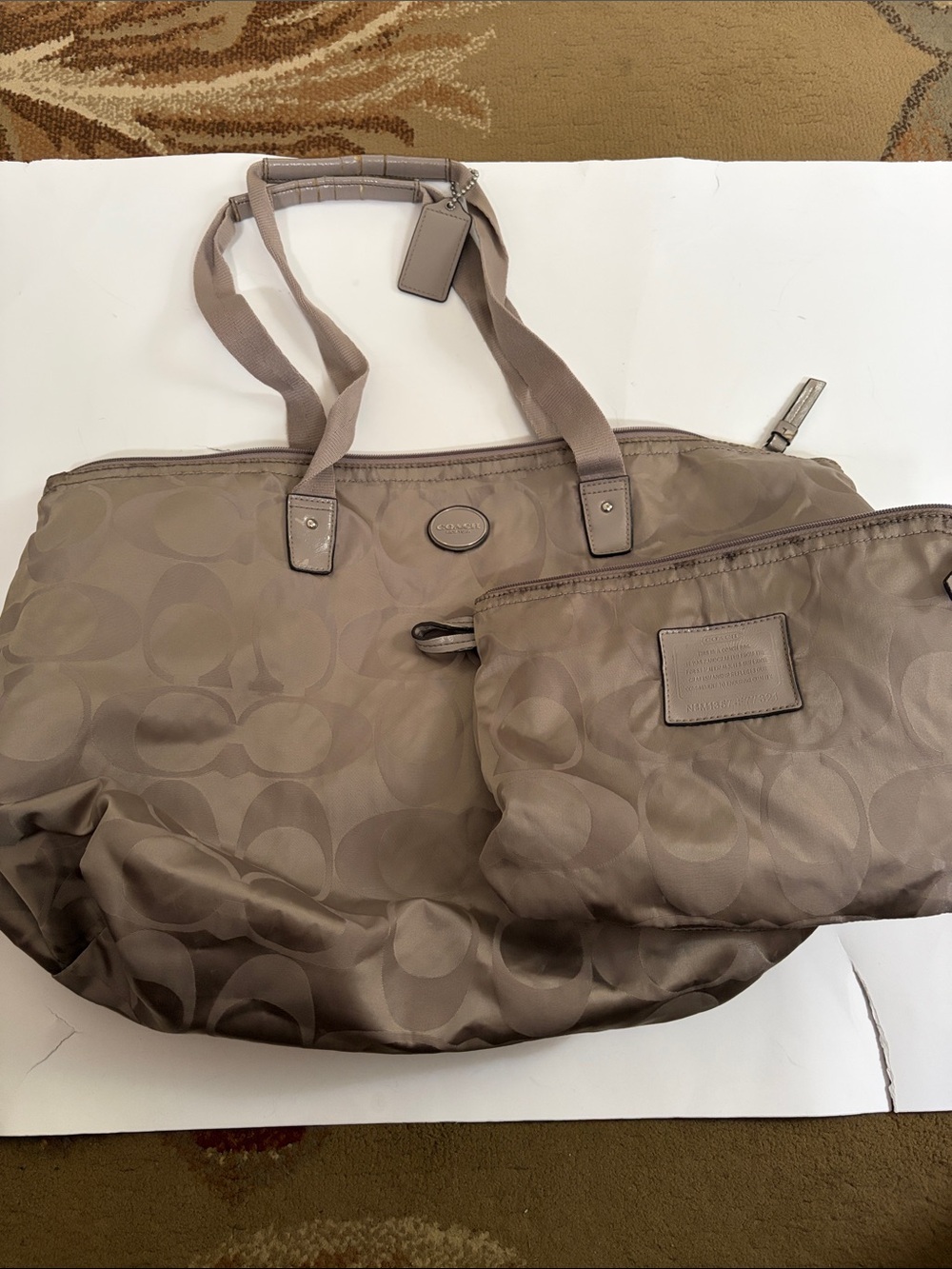 Coach Taupe Signature Nylon Tote and Pouch